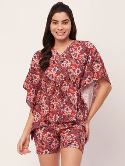 Moomaya - Sleepwear Printed Kaftan With Shorts - Brown (Set of 2)