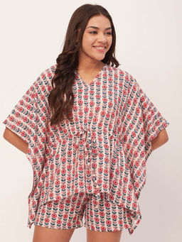 Moomaya - Sleepwear Printed Kaftan With Shorts - White (Set of 2)