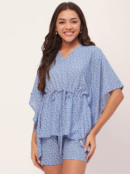 Moomaya - Sleepwear Printed Kaftan With Shorts - Blue (Set of 2)