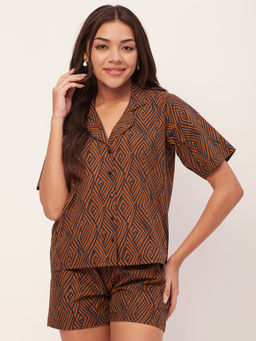 Moomaya - Sleepwear Shirt and Shorts Night Suit - Brown (Set of 2)