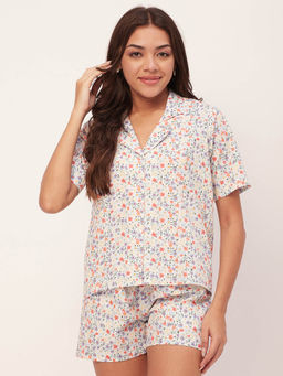 Moomaya - Sleepwear Shirt and Shorts Night Suit - White (Set of 2)