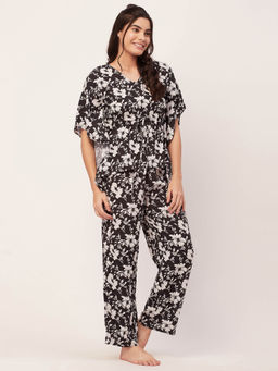 Moomaya - Sleepwear Printed Kaftan Top Pajama - Black (Set of 2)