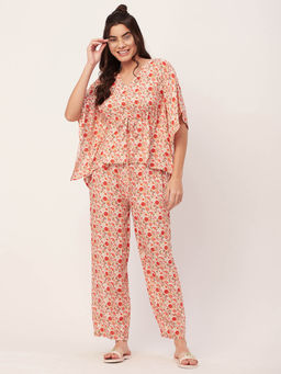 Moomaya - Sleepwear Printed Kaftan Top Pajama - Orange (Set of 2)