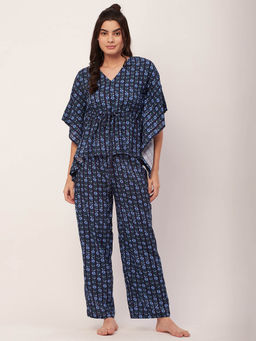 Moomaya - Sleepwear Printed Kaftan Top Pajama - Blue (Set of 2)