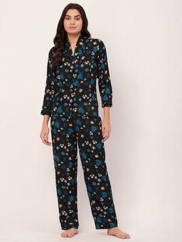 Moomaya - Sleepwear Printed Pajama And Shirt - Black (Set of 2)