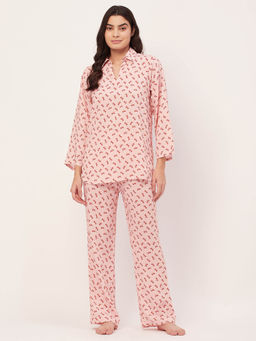 Moomaya - Sleepwear Printed Night Suit for Women - Peach (Set of 2)