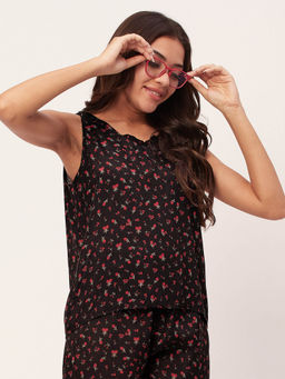 Moomaya - Sleepwear Sleeveless Top Shorts - Black (Set of 2)