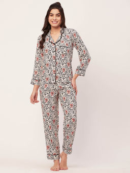 Moomaya - Sleepwear Printed Night Suit for Women - Ivory (Set of 2)