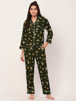 Moomaya - Sleepwear Printed Night Suit for Women - Olive (Set of 2)