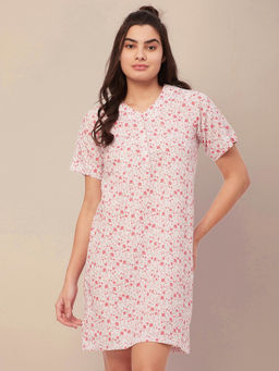Moomaya - Printed Cotton Night Dress for Women - White