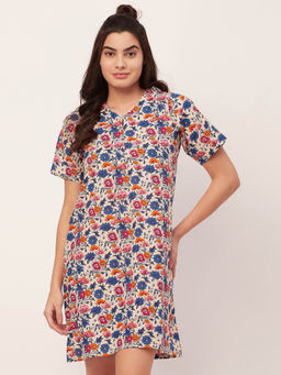 Moomaya - Printed Cotton Night Dress for Women - Multi-Color