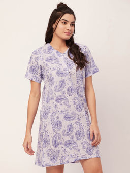 Moomaya - Printed Cotton Night Dress for Women - Off White