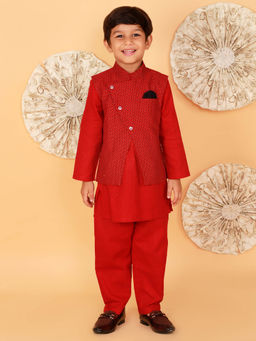 Lil Drama - Boys Red Kurta Pyjama with Jacket (Set of 3)