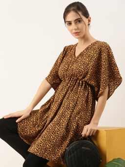 SHOWOFFFF - Women Brown Animal Print V-Neck Dress