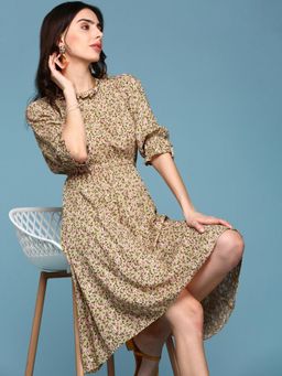 SHOWOFFFF - Women Beige Floral Ruffled Neck Dress