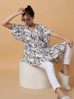 SHOWOFFFF - Women Off White Abstract V-Neck Dress