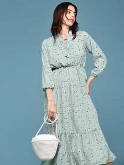 SHOWOFFFF - Women Green Floral Mandarin Neck A-Line Dress