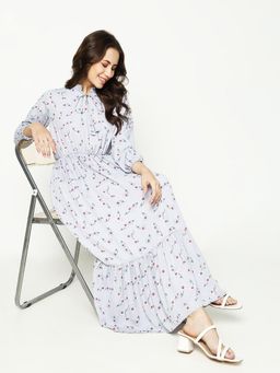 SHOWOFFFF - Women Grey Floral Mandarin Neck A-Line Dress