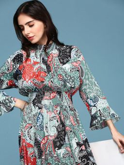 SHOWOFFFF - Women Multi-Color Printed High Neck Dress