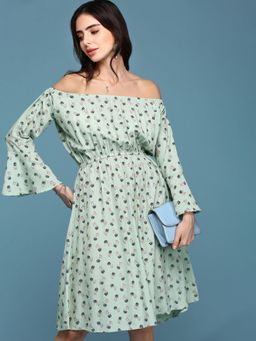 SHOWOFFFF - Women Green Floral Off Shoulder Dress