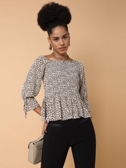 SHOWOFFFF - Women Square Neck Bell Sleeves Animal Print Beige Top