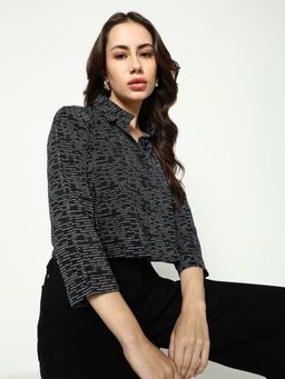 SHOWOFFFF - Women Boxy Regular Sleeves Black Typography Cropped Shirt