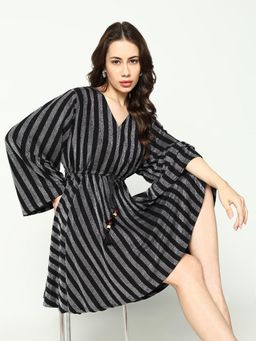 SHOWOFFFF - Women Striped Silver Empire Dress