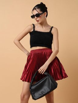 SHOWOFFFF - Womens Solid Maroon Mini Flared Skirt