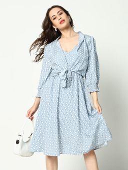 SHOWOFFFF - Womens V-neck Geometric Blue Knee Length Dress