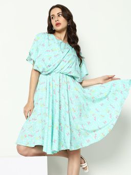 SHOWOFFFF - Womens Round Neck Abstract Sea Green Knee Length Dress
