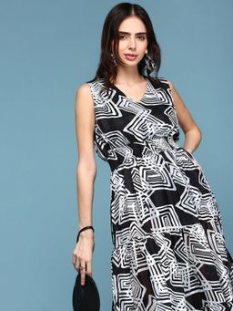 SHOWOFFFF - Womens V-neck Geometric Black Midi Dress