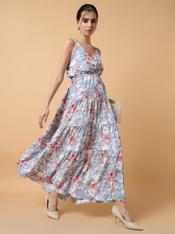 SHOWOFFFF - Womens V-neck Floral Blue Maxi Dress