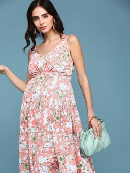 SHOWOFFFF - Womens V-neck Floral Pink Maxi Dress
