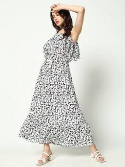 SHOWOFFFF - Womens Shoulder Straps Abstract Off White Maxi Dress