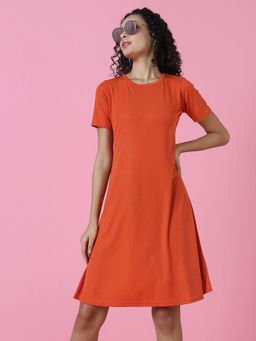 SHOWOFFFF - Womens Round Neck Embellished Rust Midi Dress