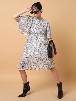 SHOWOFFFF - Womens Round Neck Polka Dots Off White Midi Dress