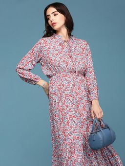 SHOWOFFFF - Womens Keyhole Neck White Fit And Flare Printed Dress