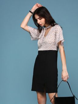 SHOWOFFFF - Womens Knee Length Polka Dots Beige V-neck Sheath Dress