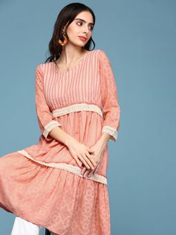 SHOWOFFFF - Womens Round Neck Self Design Peach Knee Length Dress