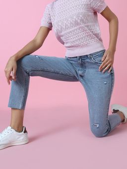 SHOWOFFFF - Women's Low Distress Slim Fit Blue Denim Jeans