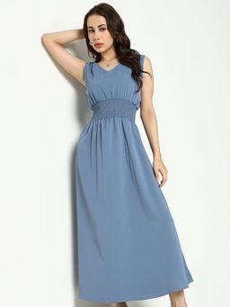 SHOWOFFFF - Womens Round Neck Maxi Blue Solid Dress