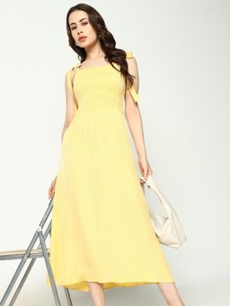 SHOWOFFFF - Womens Shoulder Straps Midi Yellow Solid Dress