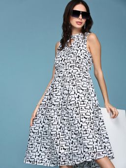 SHOWOFFFF - Womens Keyhole Neck Knee Length White Printed Dress