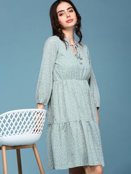SHOWOFFFF - Womens Keyhole Neck Above Knee Sea Green Printed Dress