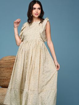 SHOWOFFFF - Womens Round Neck Midi Yellow Printed Dress