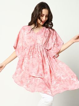 SHOWOFFFF - Womens Round Neck Above Knee Pink Printed Dress