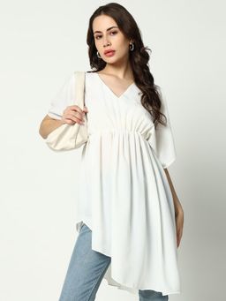 SHOWOFFFF - Womens V-Neck Above Knee Off White Solid Dress