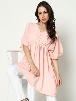 SHOWOFFFF - Womens V-Neck Above Knee Peach Solid Dress