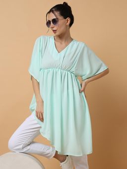 SHOWOFFFF - Womens V-Neck Above Knee Sea Green Solid Dress