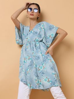 SHOWOFFFF - Womens V-Neck Above Knee Blue Printed Dress